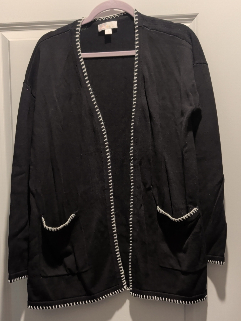 Belle by Kim Gravel Black Open-Front Jacket with White Whipstitch Trim